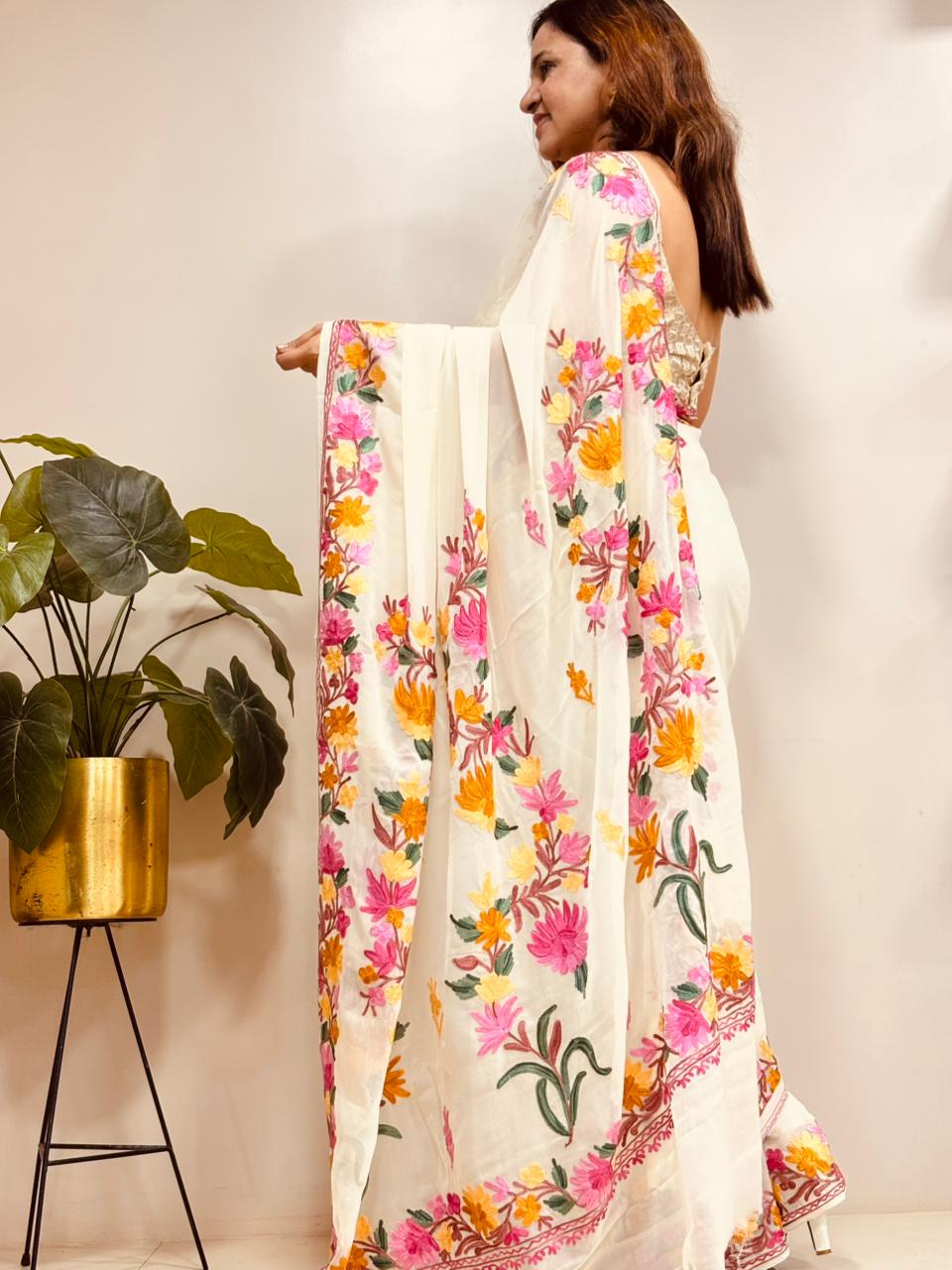 Elegant Off White Georgette Kashmiri Aari Embroidered Work Saree - Luxurion World