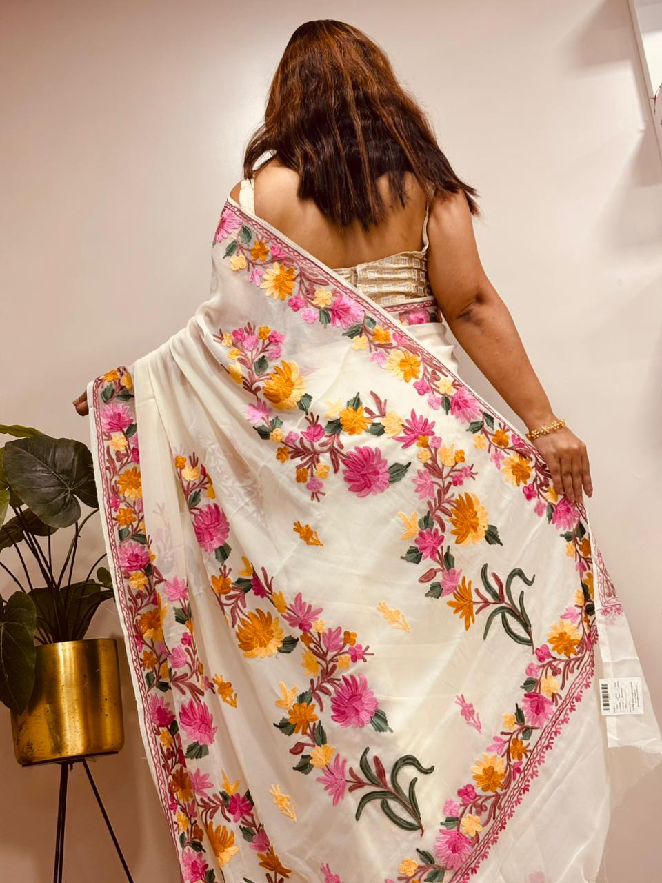 Elegant Off White Georgette Kashmiri Aari Embroidered Work Saree - Luxurion World