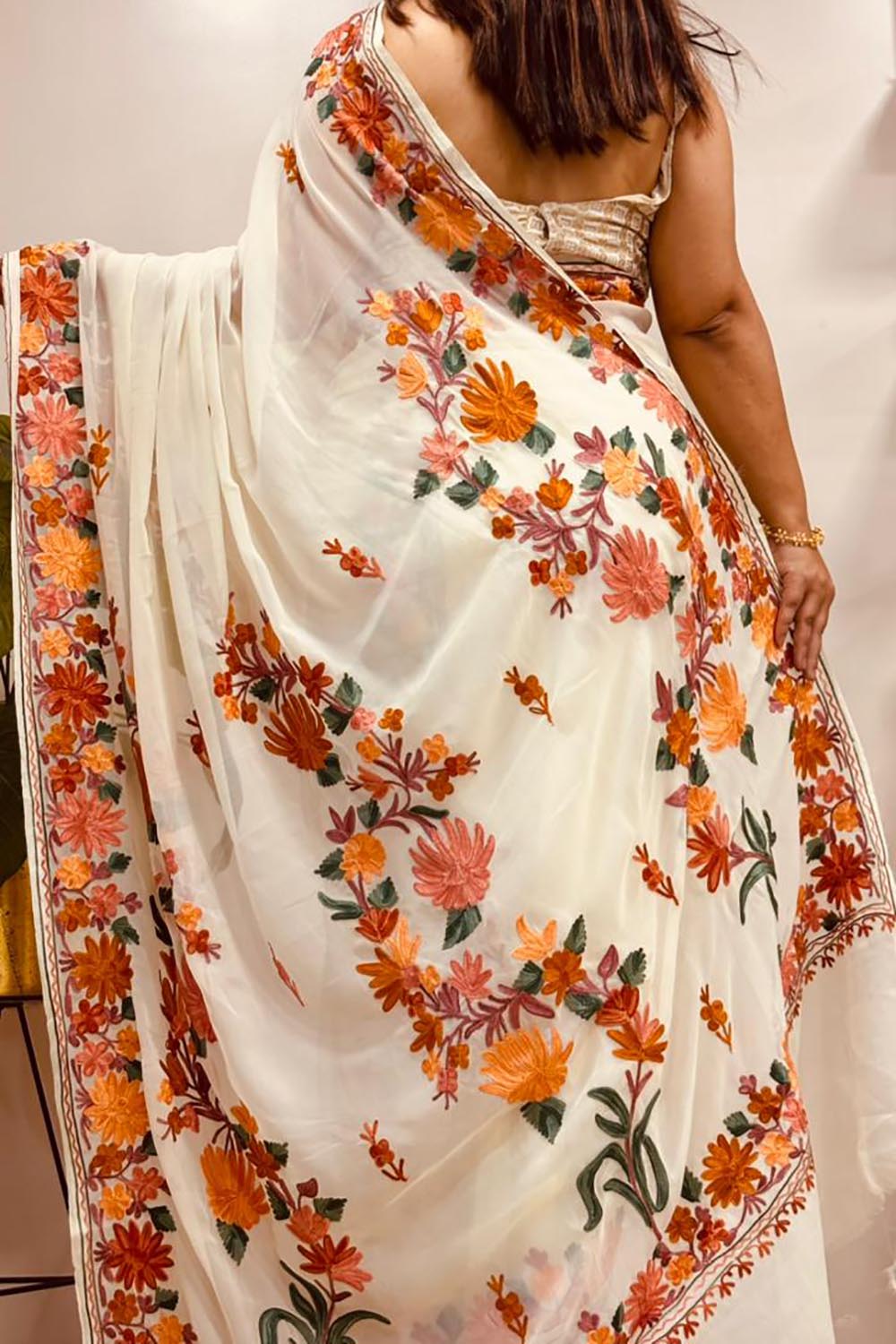 Elegant Off White Georgette Kashmiri Aari Embroidered Work Saree - Luxurion World
