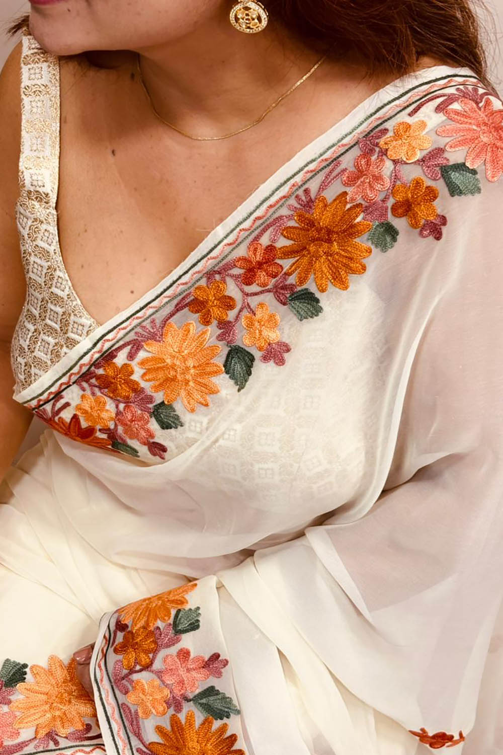 Elegant Off White Georgette Kashmiri Aari Embroidered Work Saree - Luxurion World