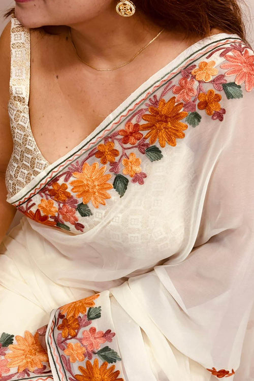 Elegant Off White Georgette Kashmiri Aari Embroidered Work Saree - Luxurion World