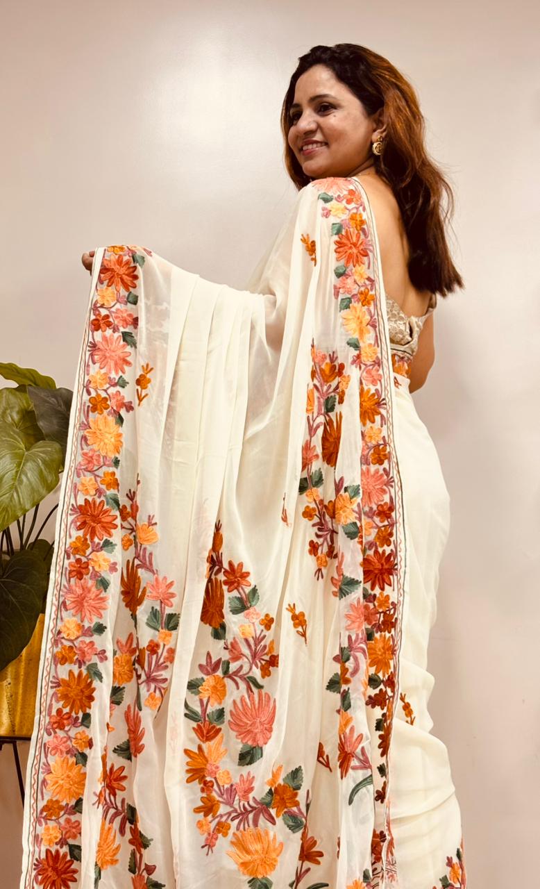 Elegant Off White Georgette Kashmiri Aari Embroidered Work Saree - Luxurion World