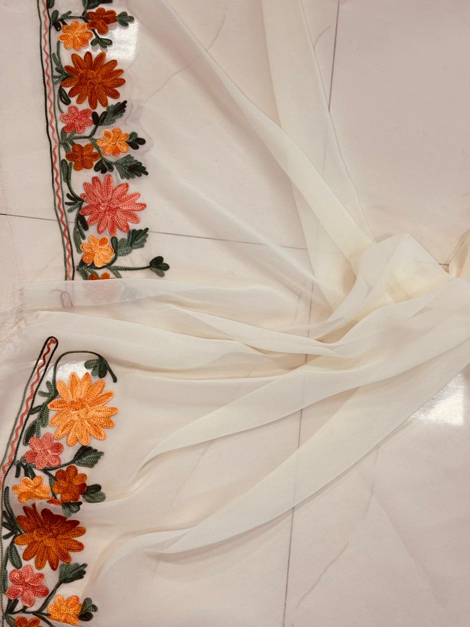 Elegant Off White Georgette Kashmiri Aari Embroidered Work Saree - Luxurion World