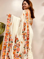 Elegant Off White Georgette Kashmiri Aari Embroidered Work Saree - Luxurion World