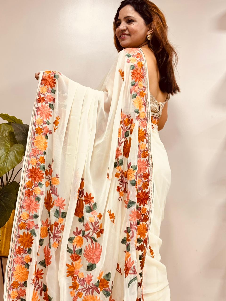 Elegant Off White Georgette Kashmiri Aari Embroidered Work Saree - Luxurion World