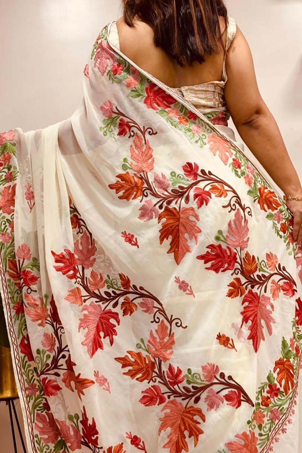 Elegant Off White Georgette Kashmiri Aari Embroidered Work Saree - Luxurion World
