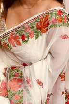 Elegant Off White Georgette Kashmiri Aari Embroidered Work Saree - Luxurion World