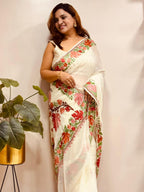 Elegant Off White Georgette Kashmiri Aari Embroidered Work Saree - Luxurion World