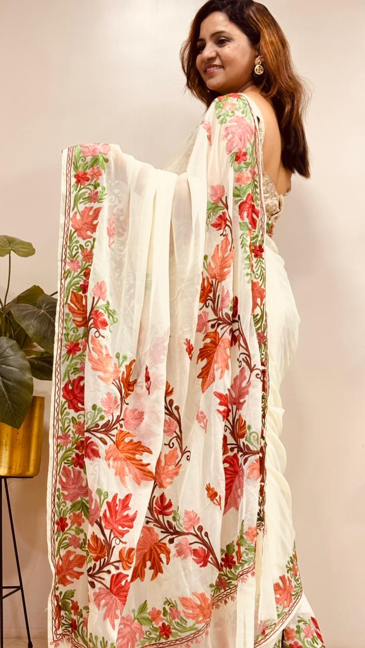 Elegant Off White Georgette Kashmiri Aari Embroidered Work Saree - Luxurion World