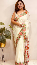 Elegant Off White Georgette Kashmiri Aari Embroidered Work Saree - Luxurion World