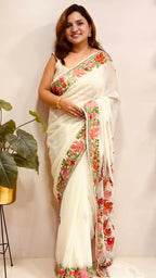Elegant Off White Georgette Kashmiri Aari Embroidered Work Saree - Luxurion World