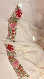 Elegant Off White Georgette Kashmiri Aari Embroidered Work Saree - Luxurion World