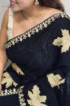 Exquisite Black Embroidered Kashmiri Tilla Work Crepe Saree - Luxurion World