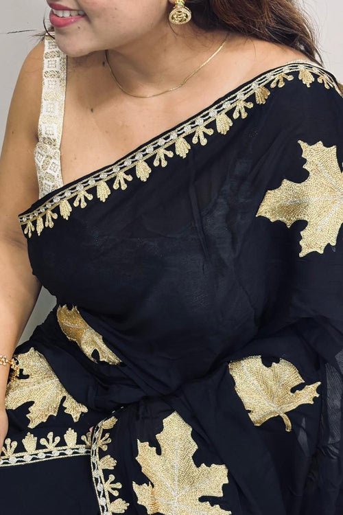 Exquisite Black Embroidered Kashmiri Tilla Work Crepe Saree - Luxurion World