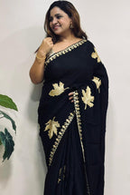Exquisite Black Embroidered Kashmiri Tilla Work Crepe Saree - Luxurion World