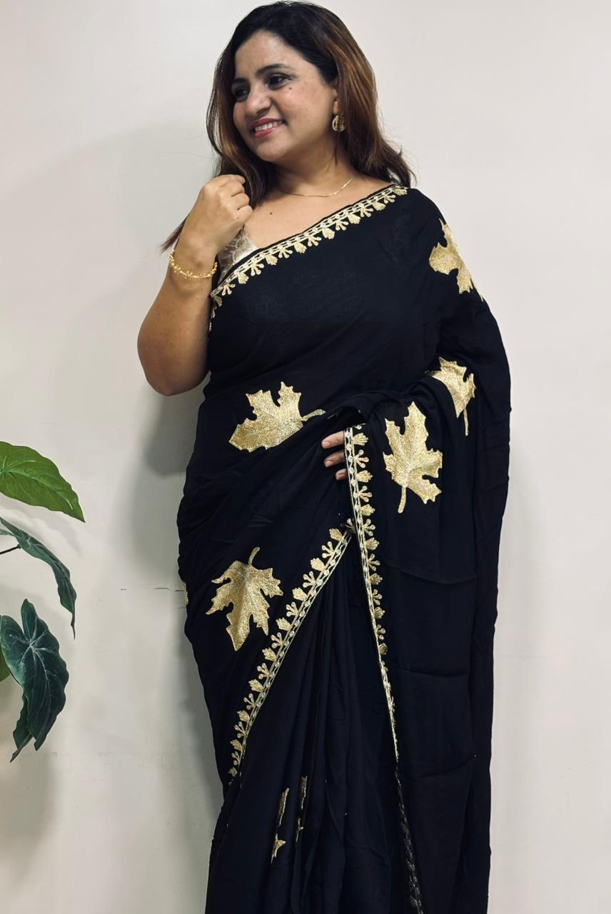 Exquisite Black Embroidered Kashmiri Tilla Work Crepe Saree - Luxurion World