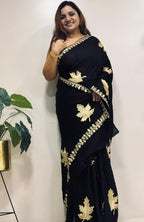 Exquisite Black Embroidered Kashmiri Tilla Work Crepe Saree - Luxurion World