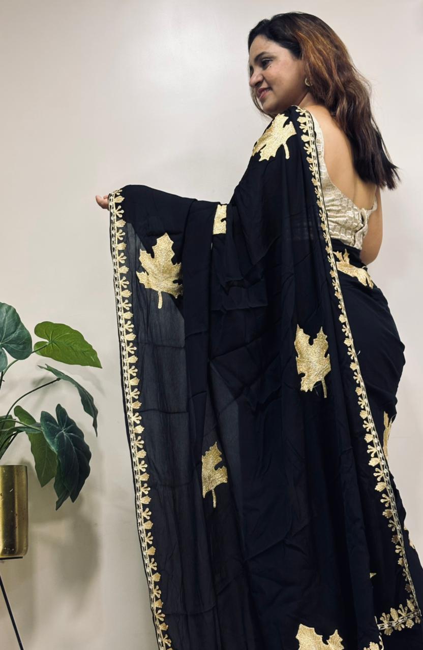 Exquisite Black Embroidered Kashmiri Tilla Work Crepe Saree - Luxurion World
