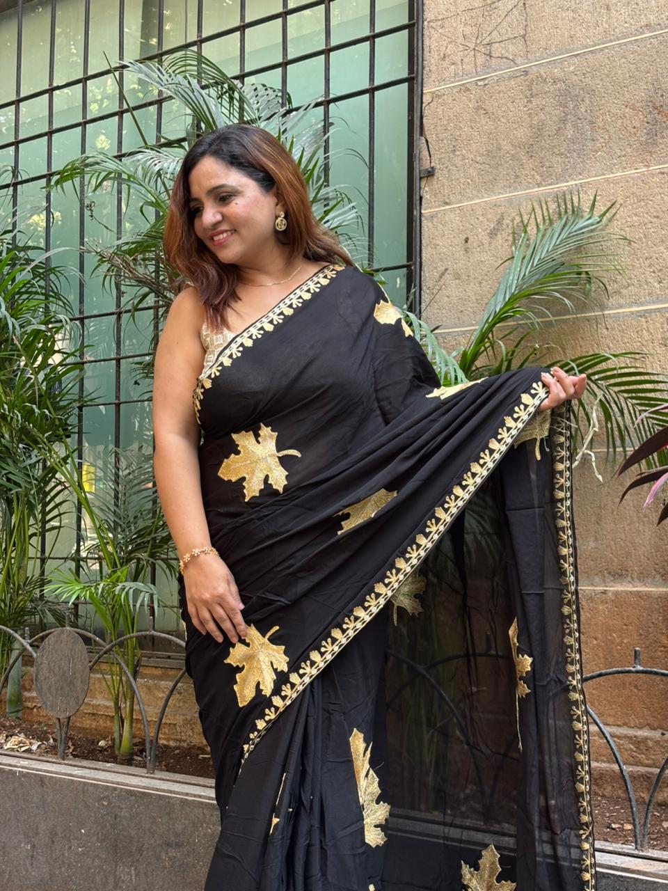 Exquisite Black Embroidered Kashmiri Tilla Work Crepe Saree - Luxurion World