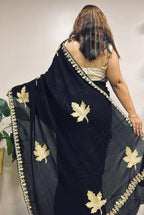 Exquisite Black Embroidered Kashmiri Tilla Work Crepe Saree - Luxurion World