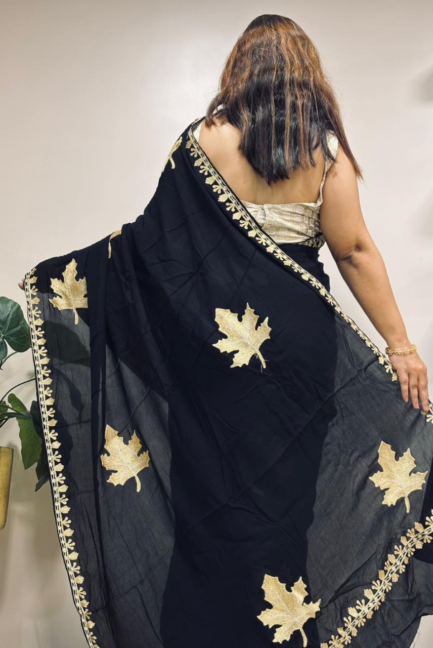 Exquisite Black Embroidered Kashmiri Tilla Work Crepe Saree - Luxurion World