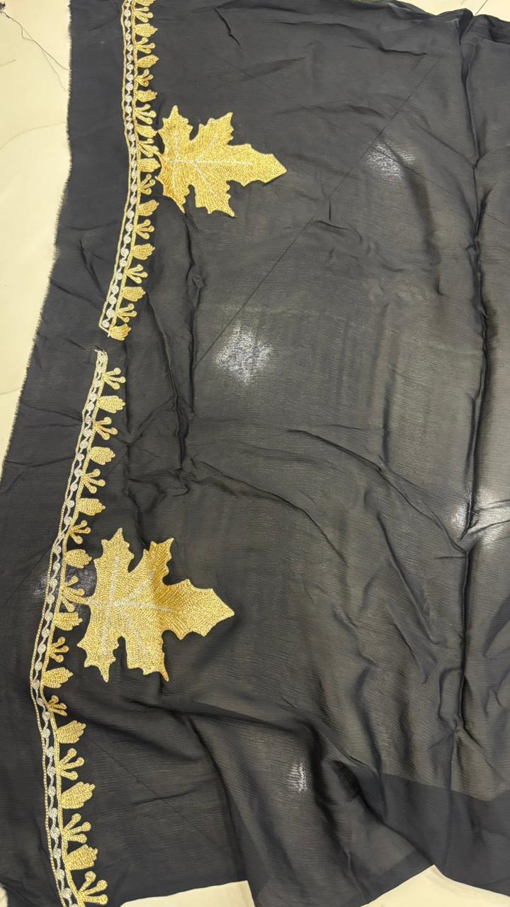 Exquisite Black Embroidered Kashmiri Tilla Work Crepe Saree - Luxurion World