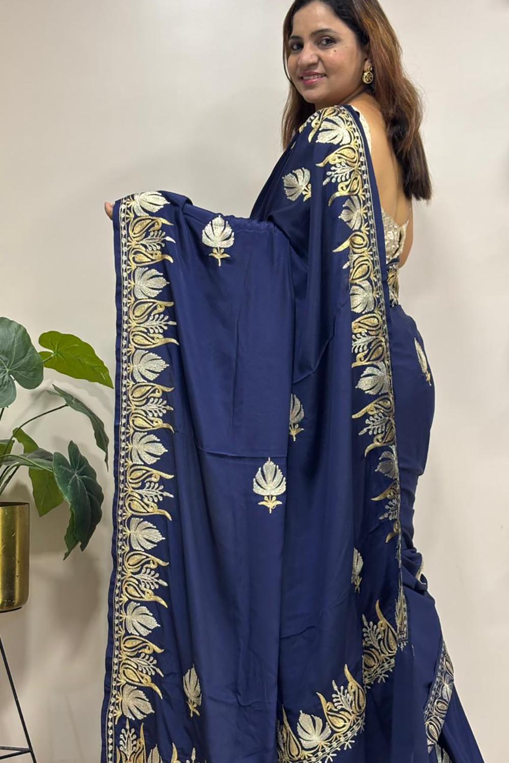 Blue Embroidered Kashmiri Tilla Work Crepe Saree - Luxurion World