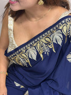 Blue Embroidered Kashmiri Tilla Work Crepe Saree - Luxurion World