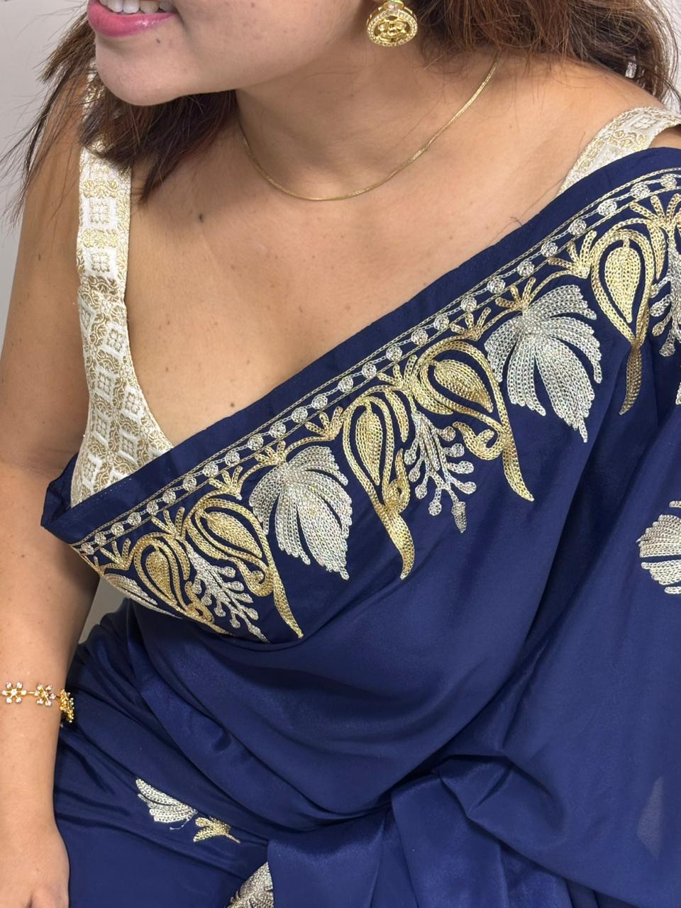 Blue Embroidered Kashmiri Tilla Work Crepe Saree - Luxurion World