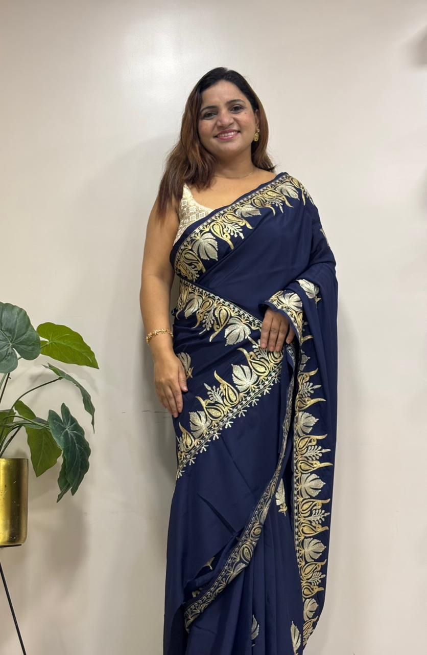 Blue Embroidered Kashmiri Tilla Work Crepe Saree - Luxurion World