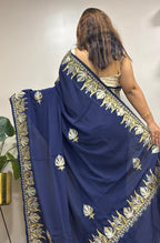 Blue Embroidered Kashmiri Tilla Work Crepe Saree - Luxurion World