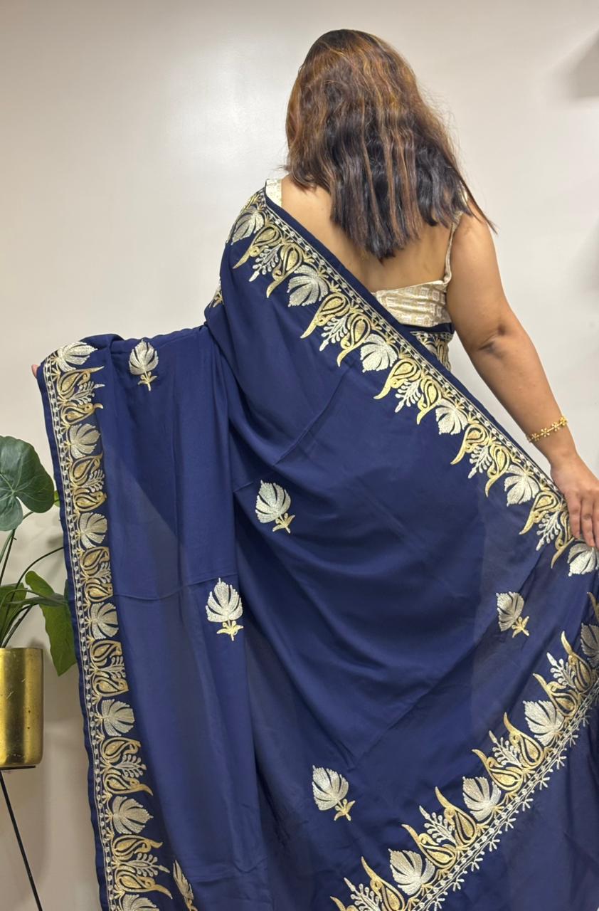 Blue Embroidered Kashmiri Tilla Work Crepe Saree - Luxurion World