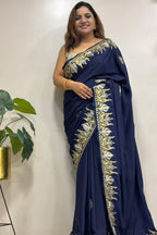 Blue Embroidered Kashmiri Tilla Work Crepe Saree - Luxurion World