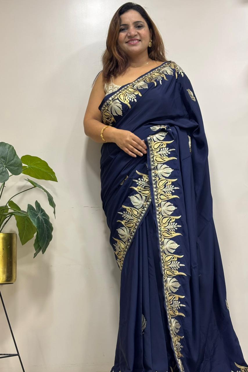 Blue Embroidered Kashmiri Tilla Work Crepe Saree - Luxurion World