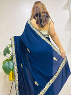 Blue Embroidered Kashmiri Tilla Work Crepe Saree - Luxurion World