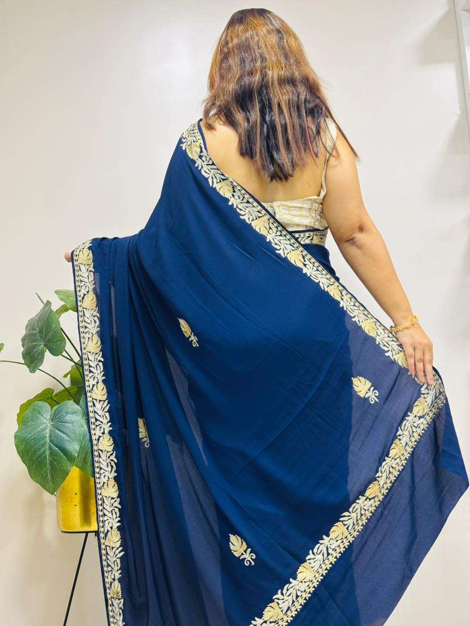 Blue Embroidered Kashmiri Tilla Work Crepe Saree - Luxurion World