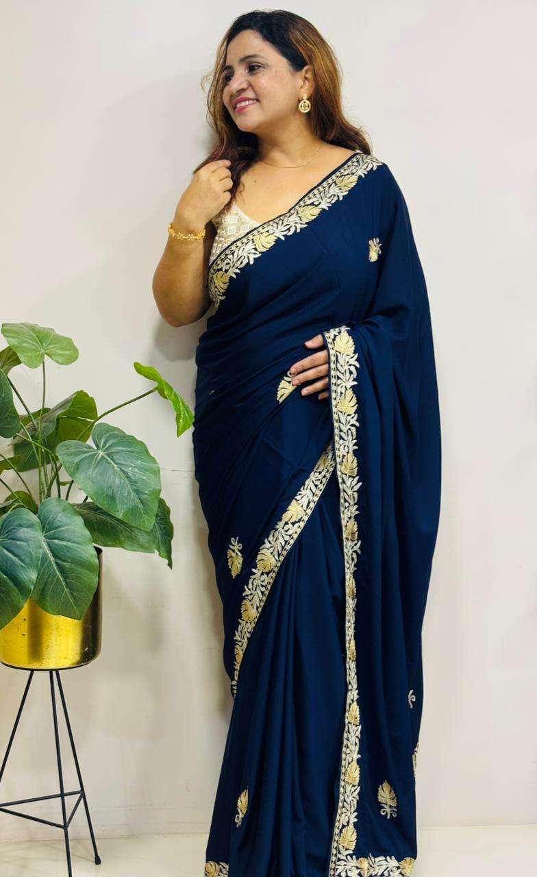 Blue Embroidered Kashmiri Tilla Work Crepe Saree - Luxurion World