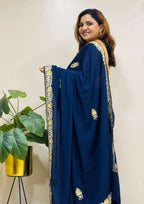 Blue Embroidered Kashmiri Tilla Work Crepe Saree - Luxurion World