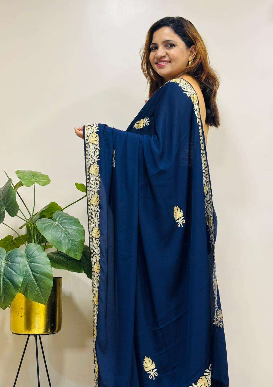 Blue Embroidered Kashmiri Tilla Work Crepe Saree - Luxurion World