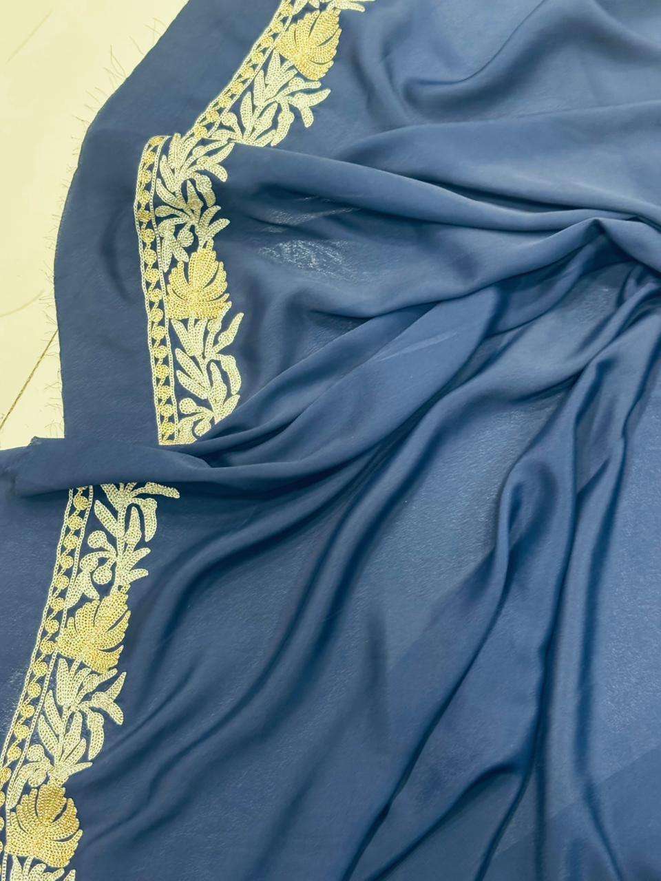 Blue Embroidered Kashmiri Tilla Work Crepe Saree - Luxurion World