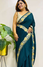 Stunning Green Embroidered Kashmiri Tilla Work Crepe Saree - Luxurion World