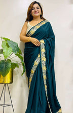 Stunning Green Embroidered Kashmiri Tilla Work Crepe Saree - Luxurion World