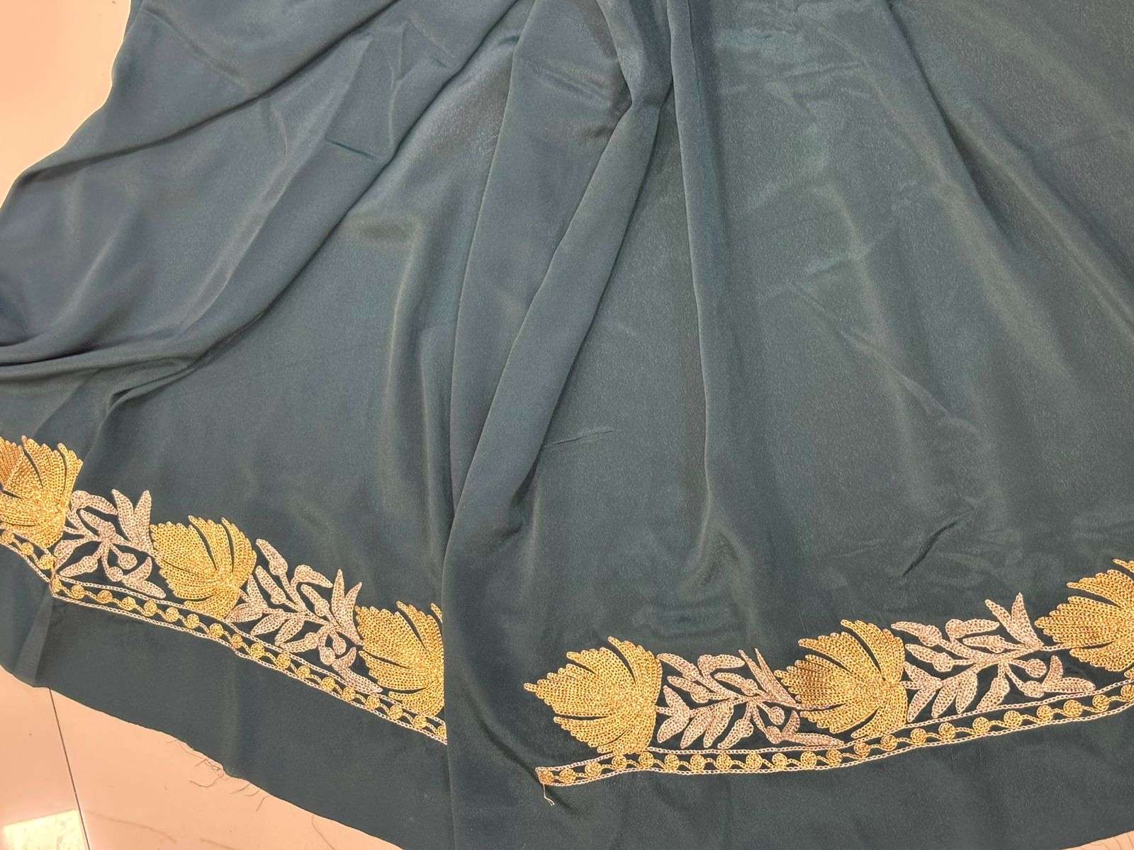 Stunning Green Embroidered Kashmiri Tilla Work Crepe Saree - Luxurion World