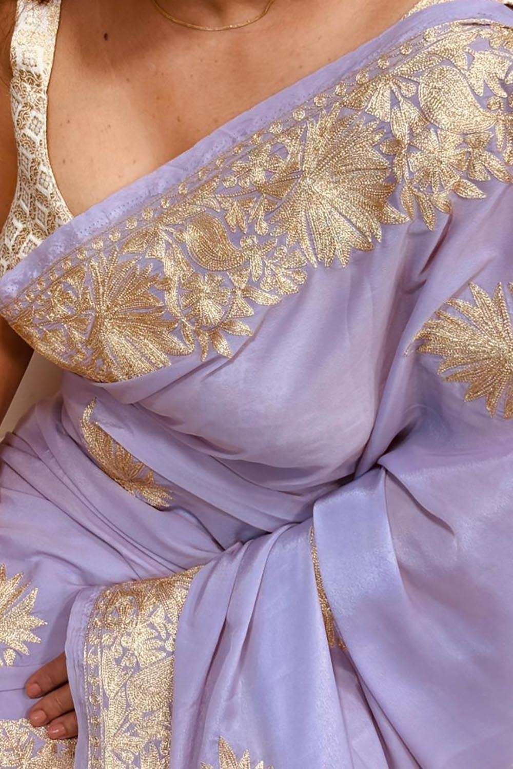 Elegant Purple Embroidered Kashmiri Tilla Work Crepe Saree - Luxurion World