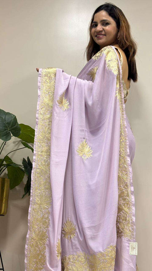 Elegant Purple Embroidered Kashmiri Tilla Work Crepe Saree - Luxurion World