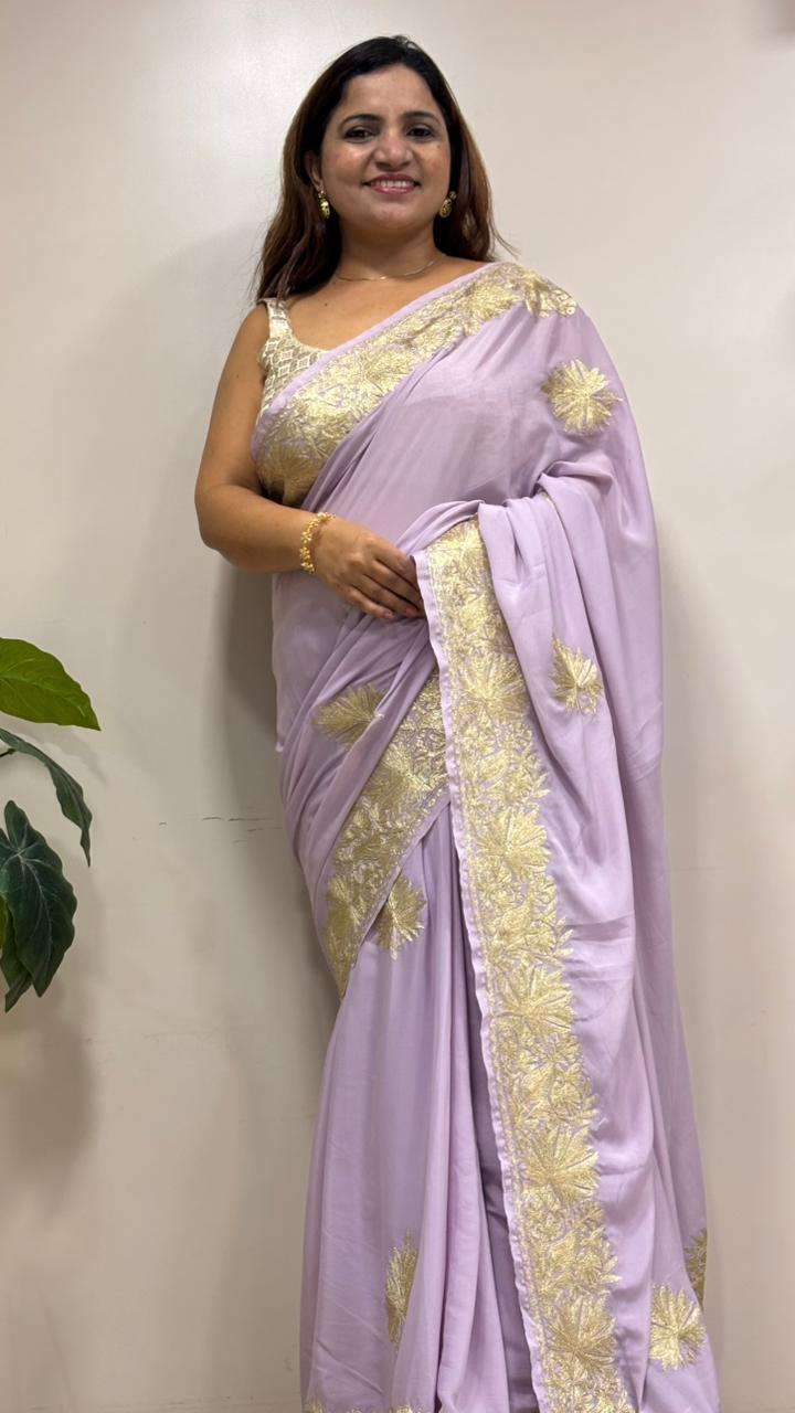 Elegant Purple Embroidered Kashmiri Tilla Work Crepe Saree - Luxurion World