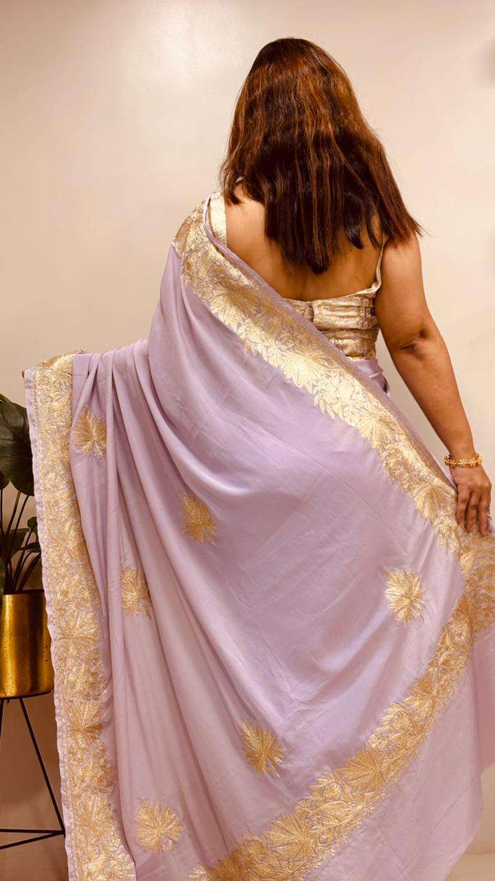 Elegant Purple Embroidered Kashmiri Tilla Work Crepe Saree - Luxurion World
