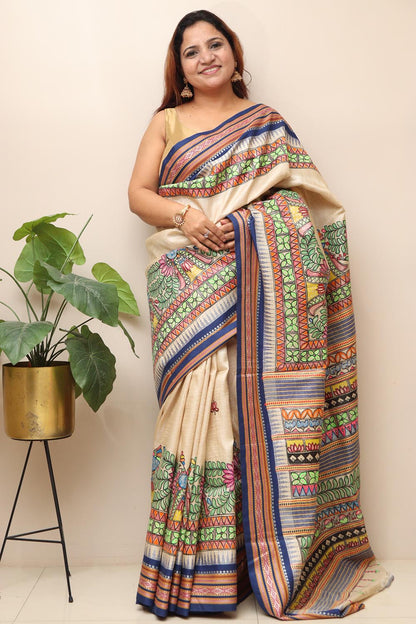 Pastel Hand Painted Madhubani Pure Tussar Silk Vidharbha Saree - Luxurion World