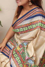Pastel Hand Painted Madhubani Pure Tussar Silk Vidharbha Saree - Luxurion World