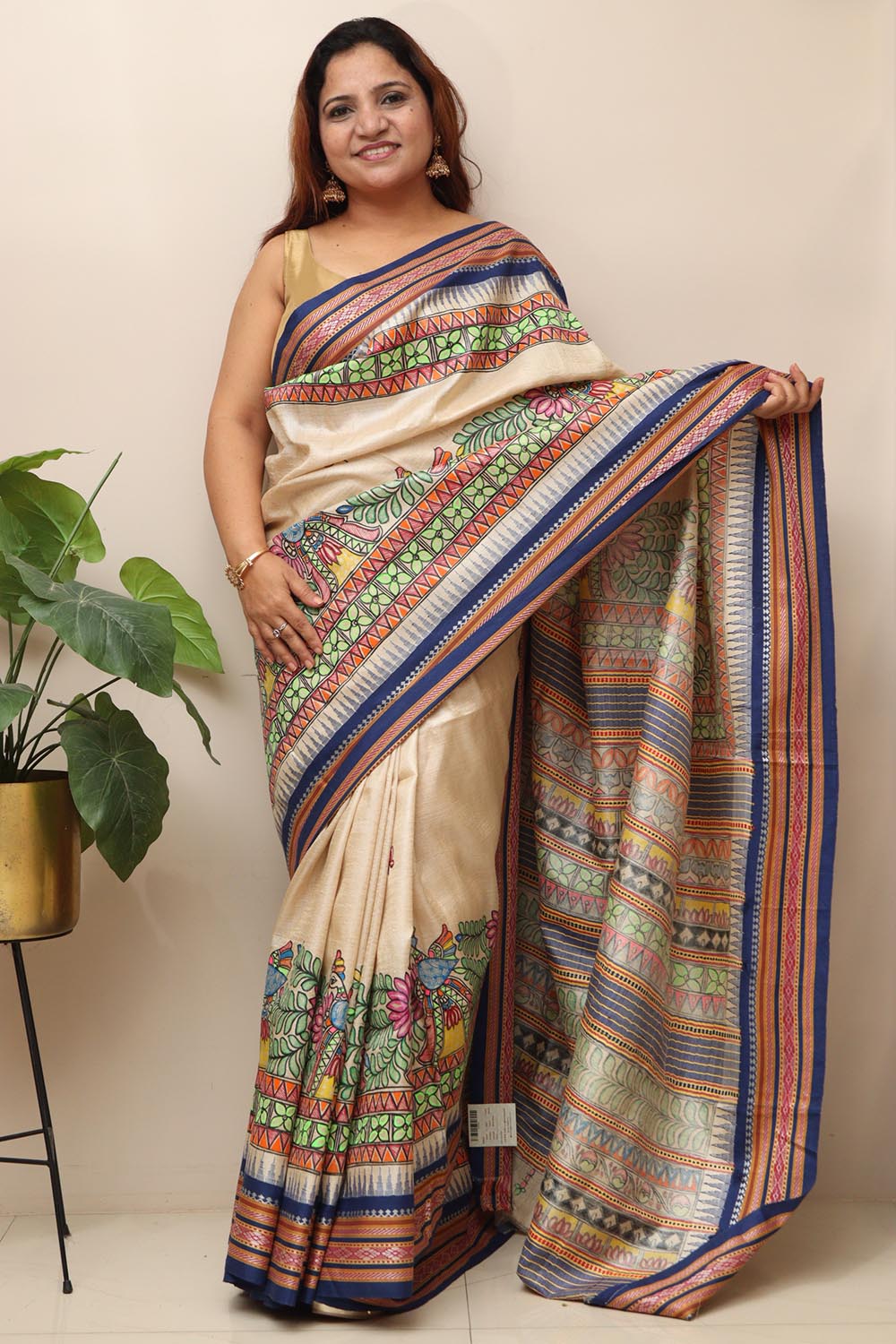 Pastel Hand Painted Madhubani Pure Tussar Silk Vidharbha Saree - Luxurion World